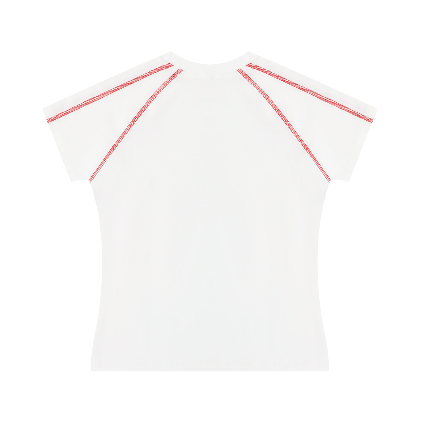 White t-shirt with red accents and raglan sleeves on a white background