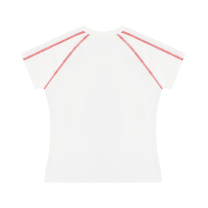 White t-shirt with red accents and raglan sleeves on a white background