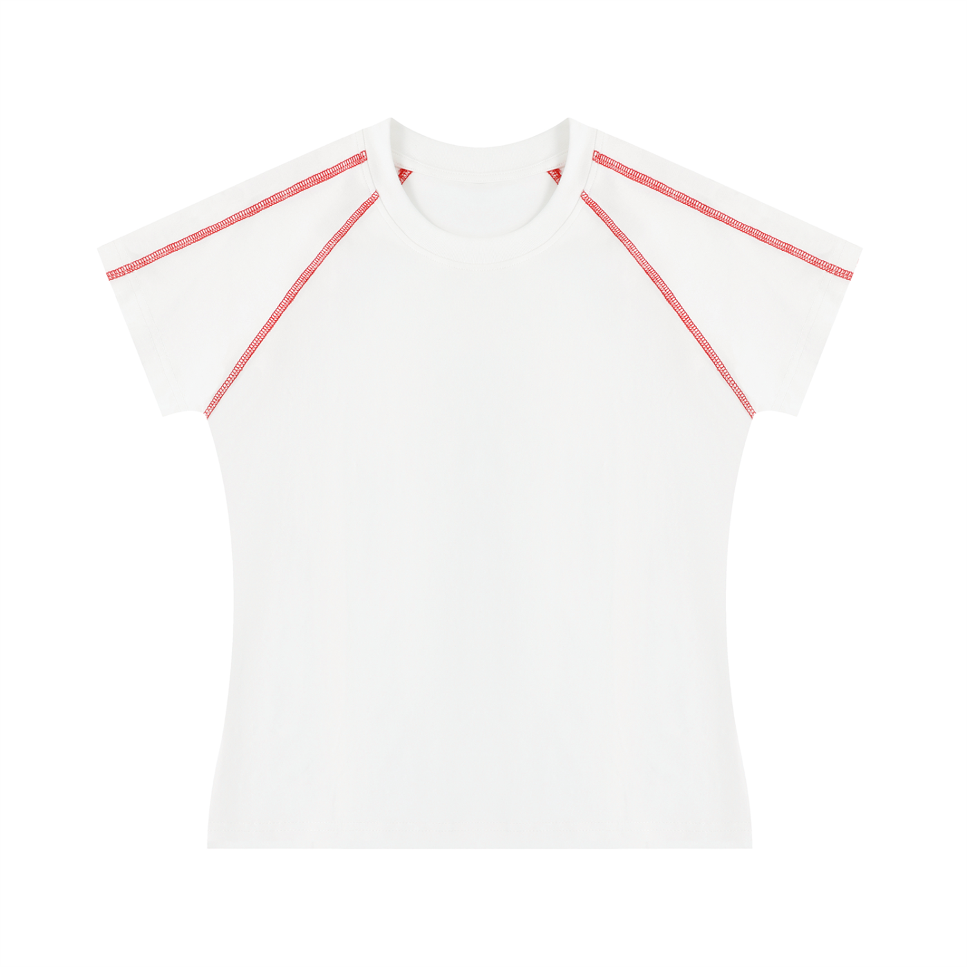 White top with raglan sleeves and red accents on a white background