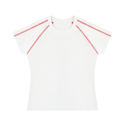 White top with raglan sleeves and red accents on a white background