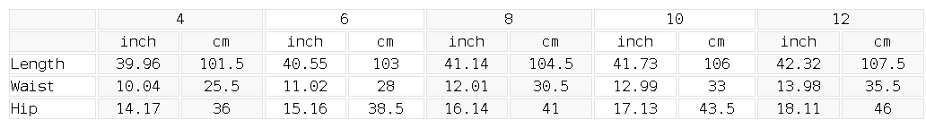 Measurement chart showing conversions between inches and centimeters for various body measurements.