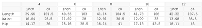 Measurement chart showing conversions between inches and centimeters for various body measurements.