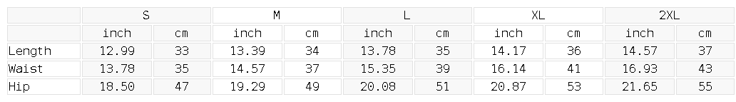 A size chart table showing measurements in inches for S, M, L, XL, and 2XL sizes, with columns for Length, Width, and Hip on a white background.