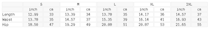 A size chart table showing measurements in inches for S, M, L, XL, and 2XL sizes, with columns for Length, Width, and Hip on a white background.