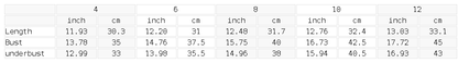 A size measurement chart for a activewear sports bra, showing cup sizes 4, 6, 8, 19, 12, and underbust values in both inches and centimeters for different bust measurements.