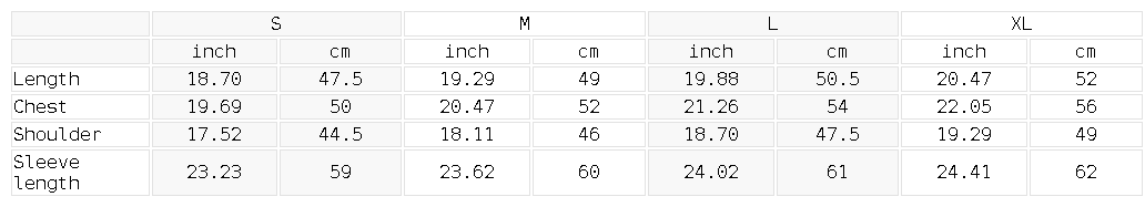 A size measurement chart for a garment, showing length, chest, sleeve length, and dimensions in inches and centimeters for sizes S, M, L, and XL.