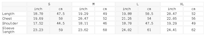 A size measurement chart for a garment, showing length, chest, sleeve length, and dimensions in inches and centimeters for sizes S, M, L, and XL.
