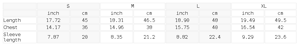 Measurement chart for clothing sizes in inches and centimeters