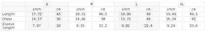Measurement chart for clothing sizes in inches and centimeters
