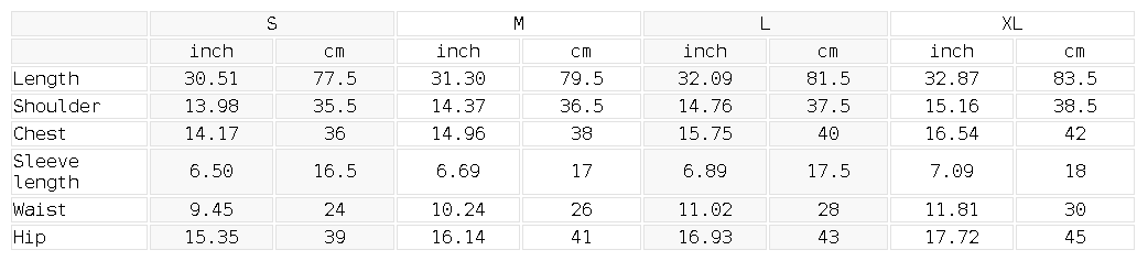 Measurement chart for clothing sizes in inches and centimeters