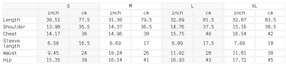 Measurement chart for clothing sizes in inches and centimeters