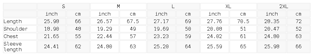 Sizing guide for both inch and centimeters for Urbanistar's unisex denim trucker jacket
