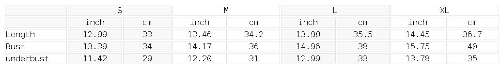 Measurement chart for clothing sizes in inches and centimeters