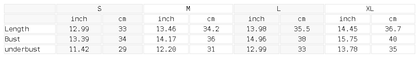 Measurement chart for clothing sizes in inches and centimeters