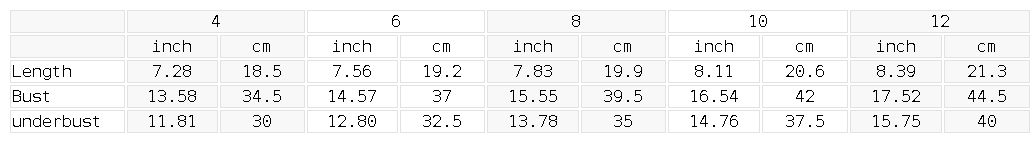 Measurement chart showing length, bust, and underbust measurements in both inches and centimeters.