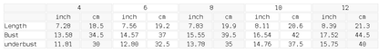 Measurement chart showing length, bust, and underbust measurements in both inches and centimeters.