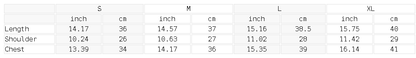 Measurement chart for clothing sizes in inches and centimeters for Urbanistar's sleeveless crop tank tops