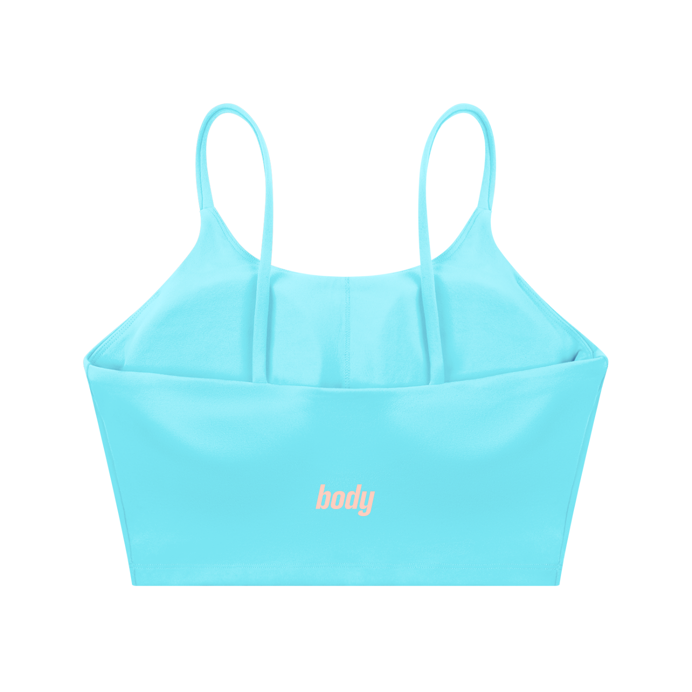Back-view of light blue spaghetti-strap yoga bra with 'body' text on a white background