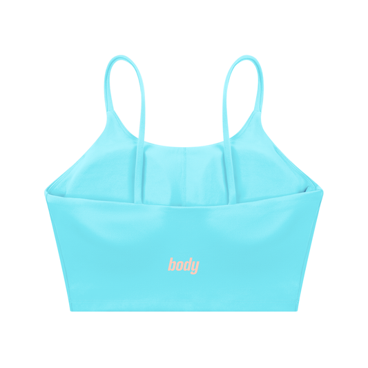 Back-view of light blue spaghetti-strap yoga bra with 'body' text on a white background