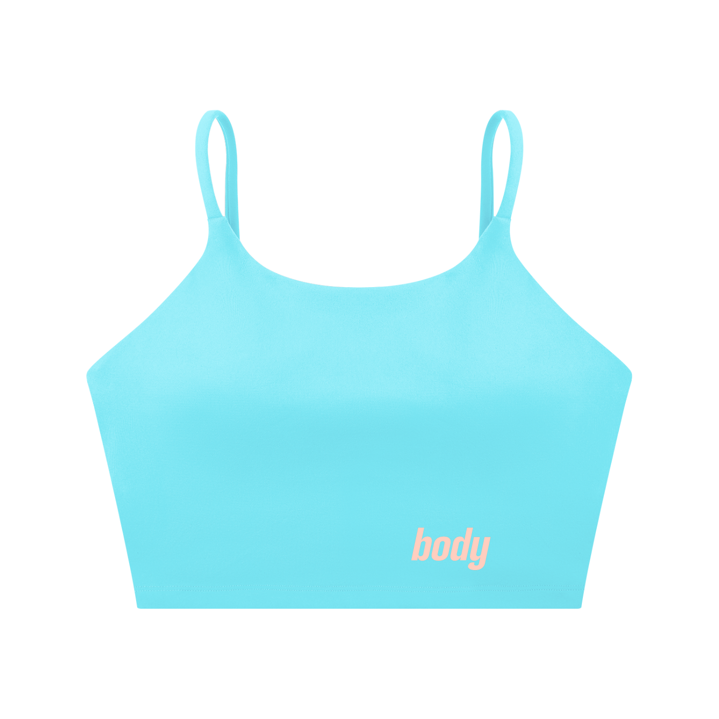 Light blue spaghetti-strap yoga bra with 'body' text on a white background