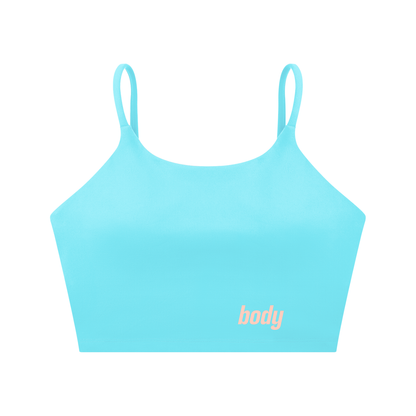 Light blue spaghetti-strap yoga bra with 'body' text on a white background