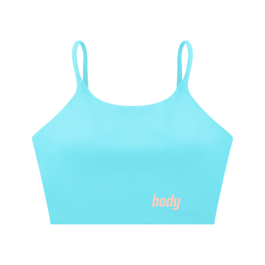 Light blue spaghetti-strap yoga bra with 'body' text on a white background