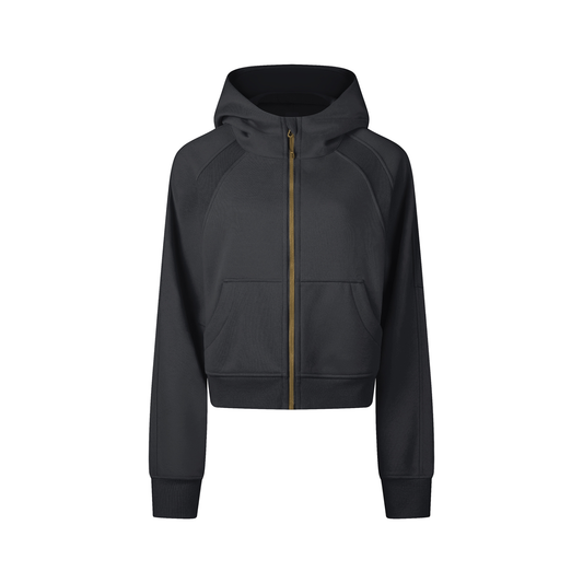 Black hoodie with a zipper on a white background