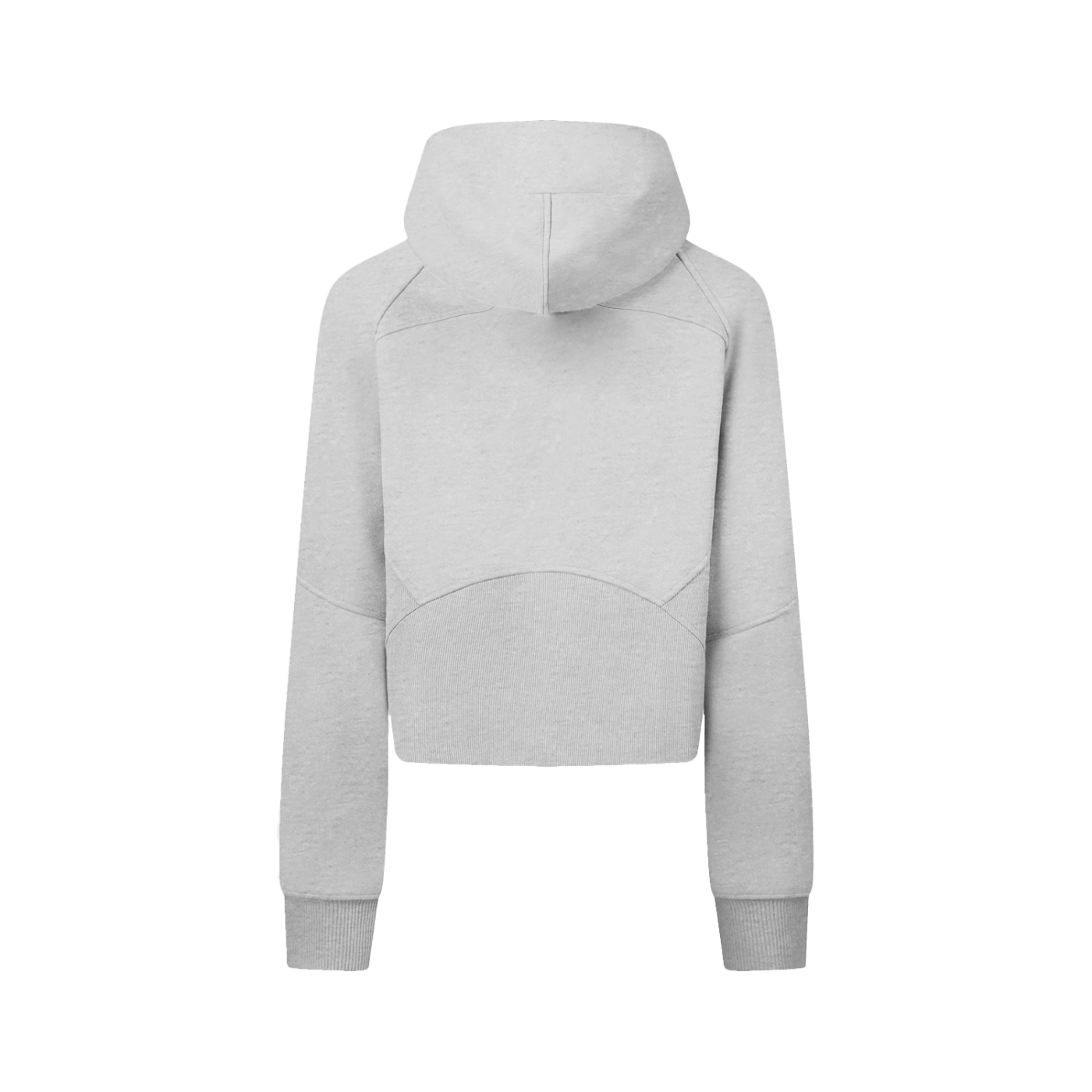 A light gray hoodie shown from the back, featuring a unique curved seam design across the lower back and raglan-style shoulder seams, set against a plain white background.