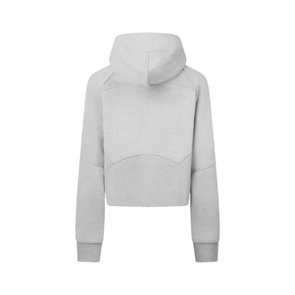 A light gray hoodie shown from the back, featuring a unique curved seam design across the lower back and raglan-style shoulder seams, set against a plain white background.