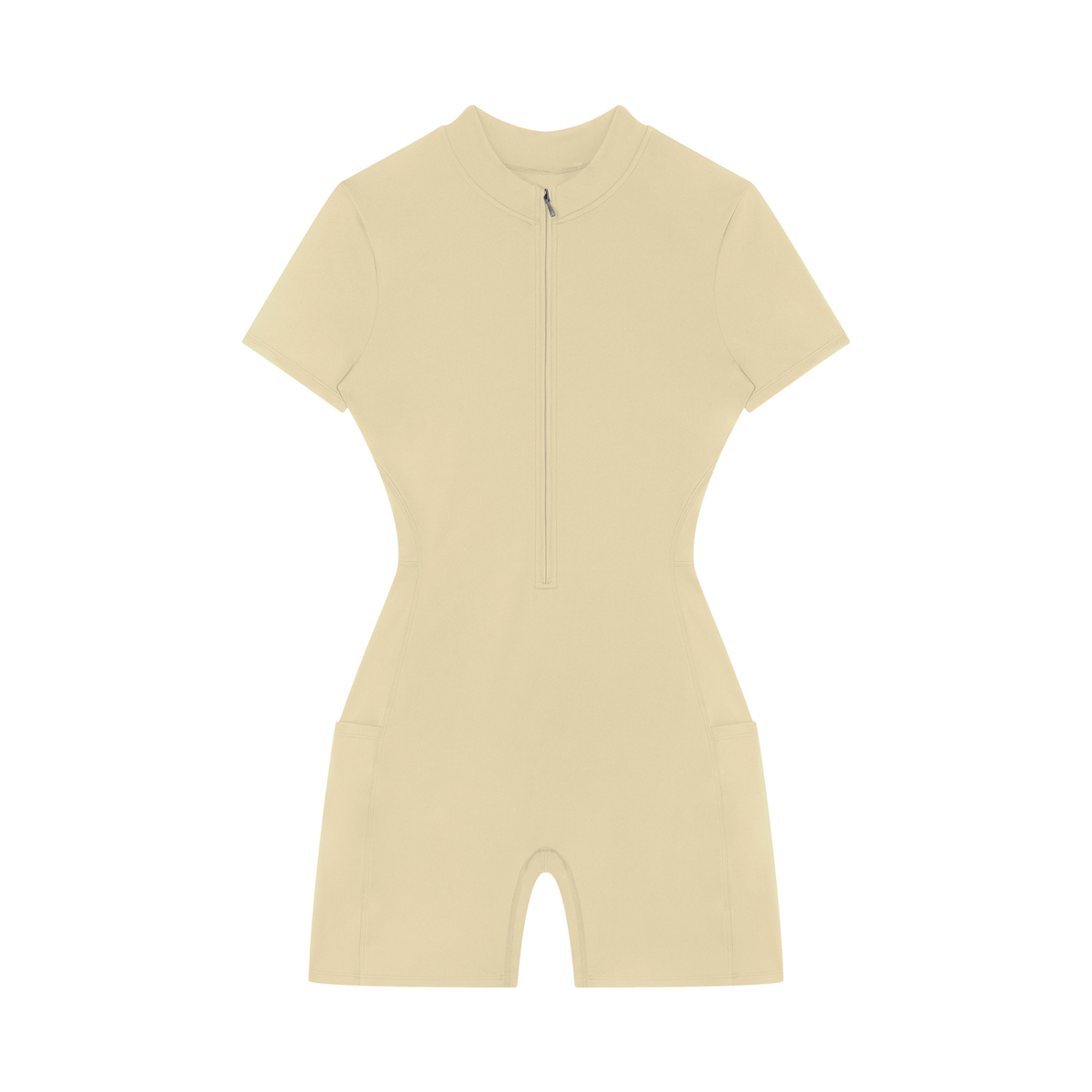 Beige gym romper with a quarter zip on a white background