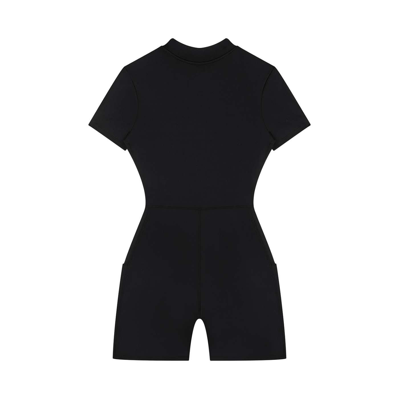 Back view of a black sporty romper on a white background