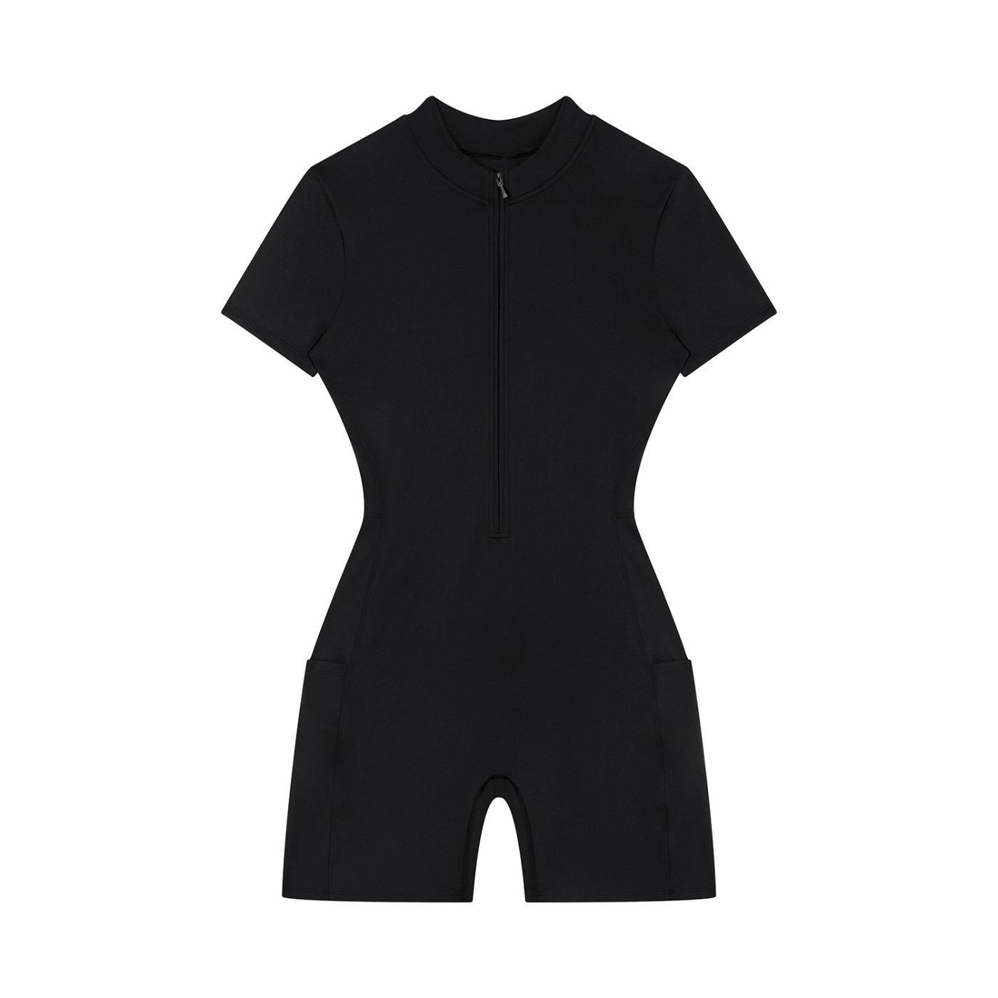 Black gym romper with short sleeves and a quarter zip zipper on a white background