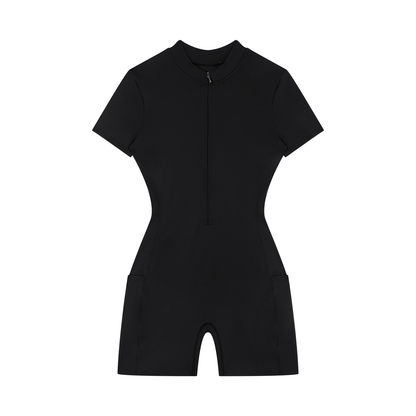 Black gym romper with short sleeves and a quarter zip zipper on a white background