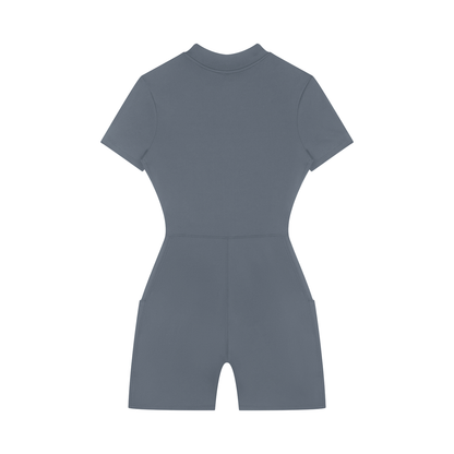 Back view of a gray sporty romper on a white background