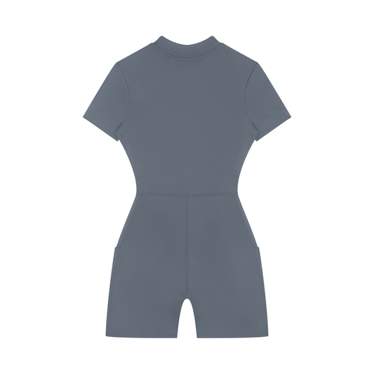 Back view of a gray sporty romper on a white background