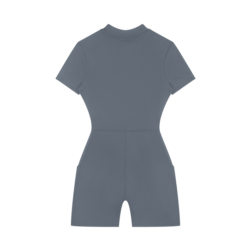 Back view of a gray sporty romper on a white background