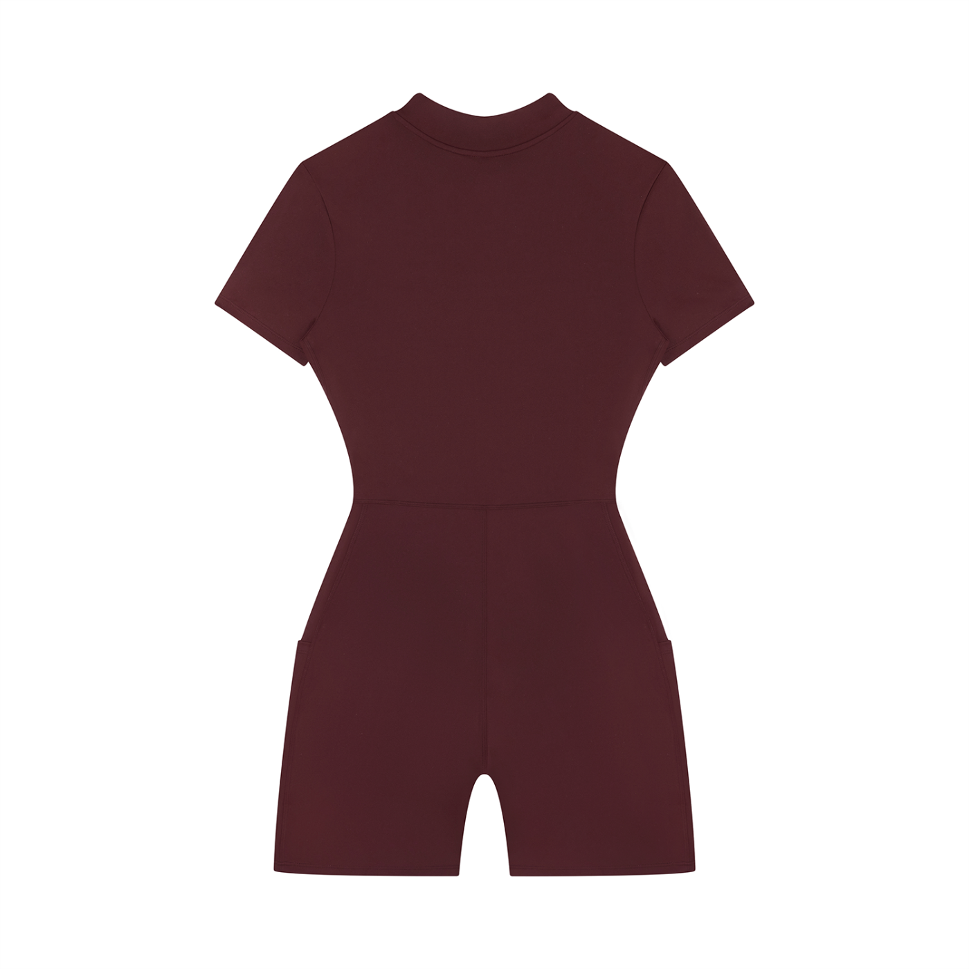 Back view of a maroon romper on a white background
