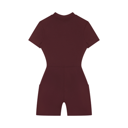 Back view of a maroon romper on a white background