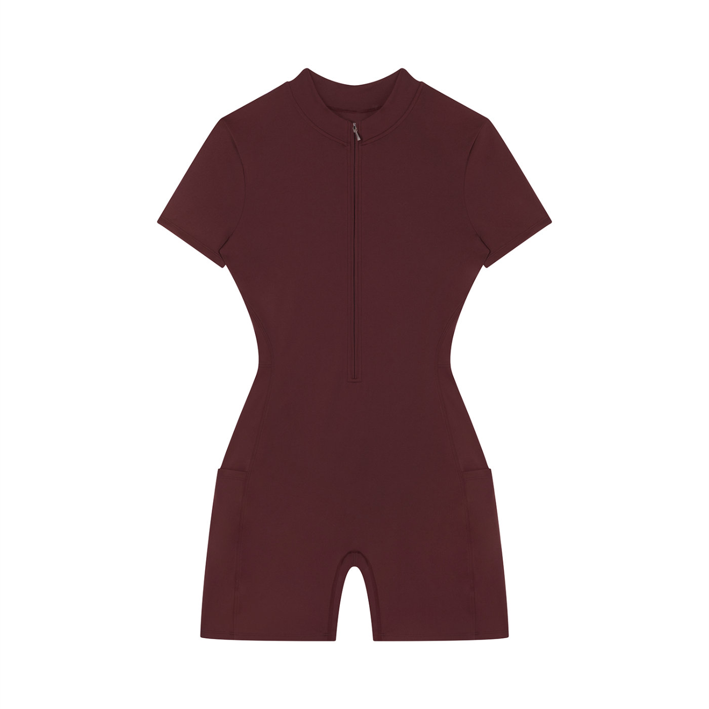 Maroon quarter zip active wear romper on a white background