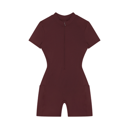 Maroon quarter zip active wear romper on a white background