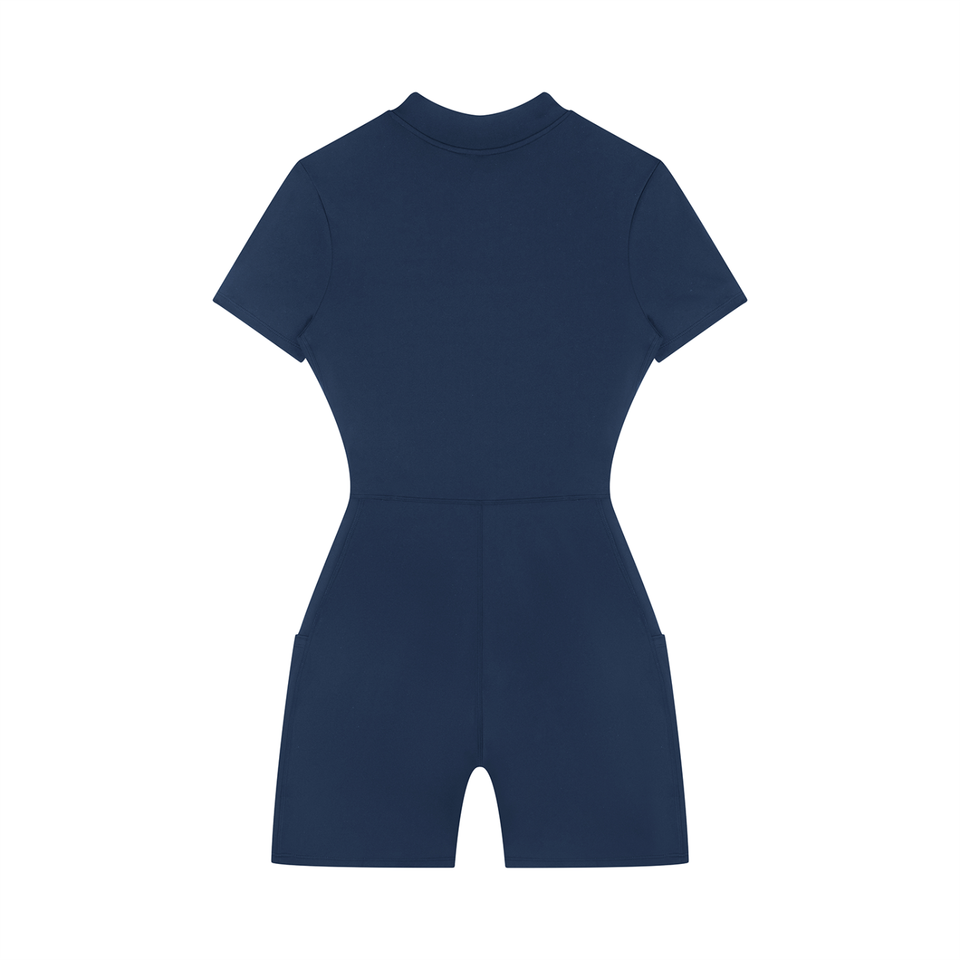 Back view of a navy blue romper on a white background