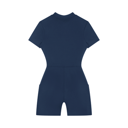Back view of a navy blue romper on a white background
