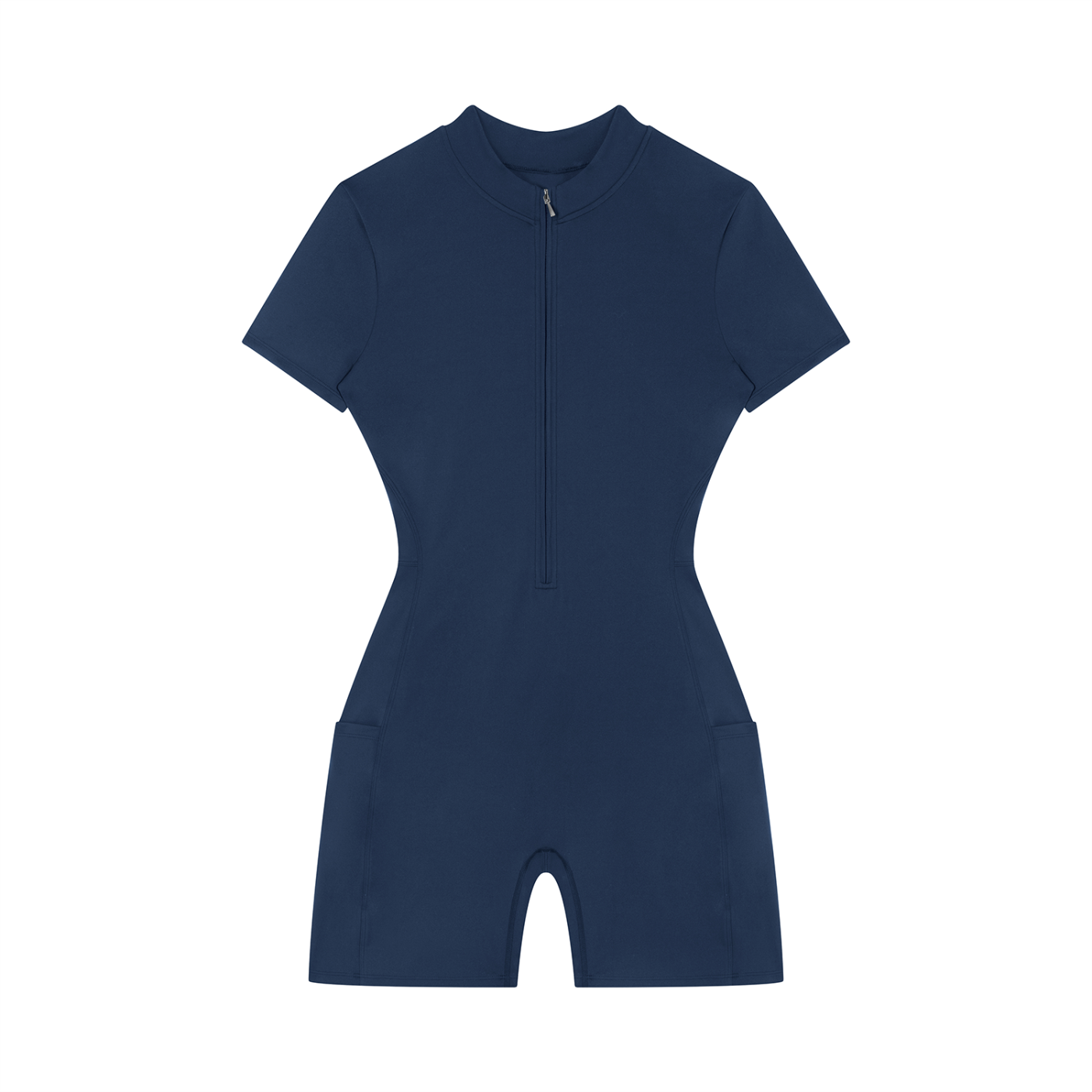 Navy blue romper with quarter zip on a white background
