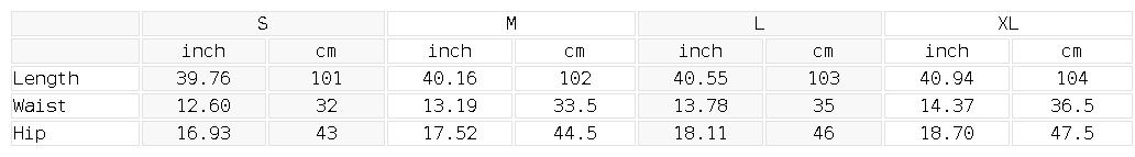 A size chart table for a garment or apparel item, showing measurements in inches for S, ca, M, L, and XL sizes, with rows for Length, Waist, and Hip.