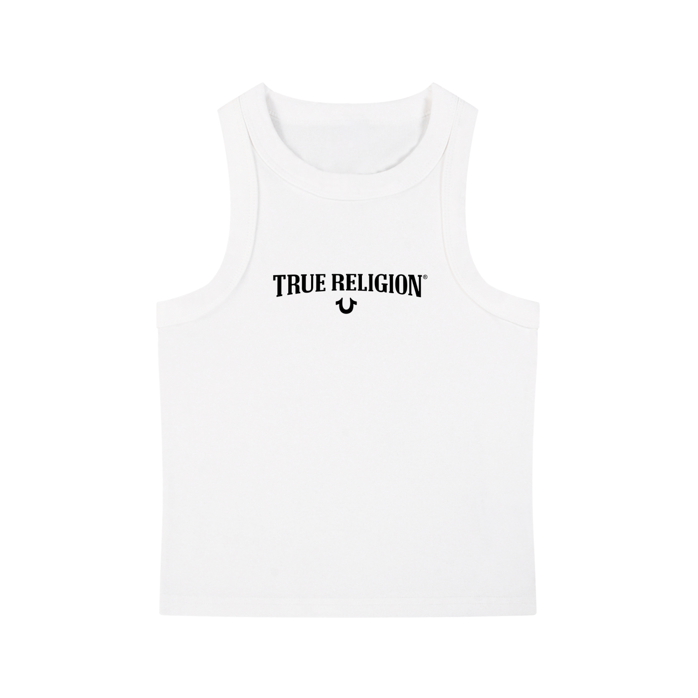 A white sleeveless tank top with the words 'TRUE RELIGION' and a small crescent moon logo printed in black across the chest, shown on a plain white background.