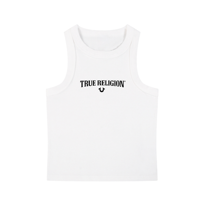 A white sleeveless tank top with the words 'TRUE RELIGION' and a small crescent moon logo printed in black across the chest, shown on a plain white background.