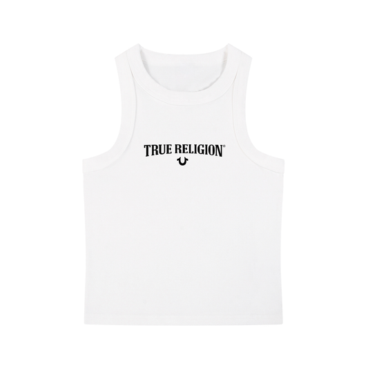 A white sleeveless tank top with the words 'TRUE RELIGION' and a small crescent moon logo printed in black across the chest, shown on a plain white background.