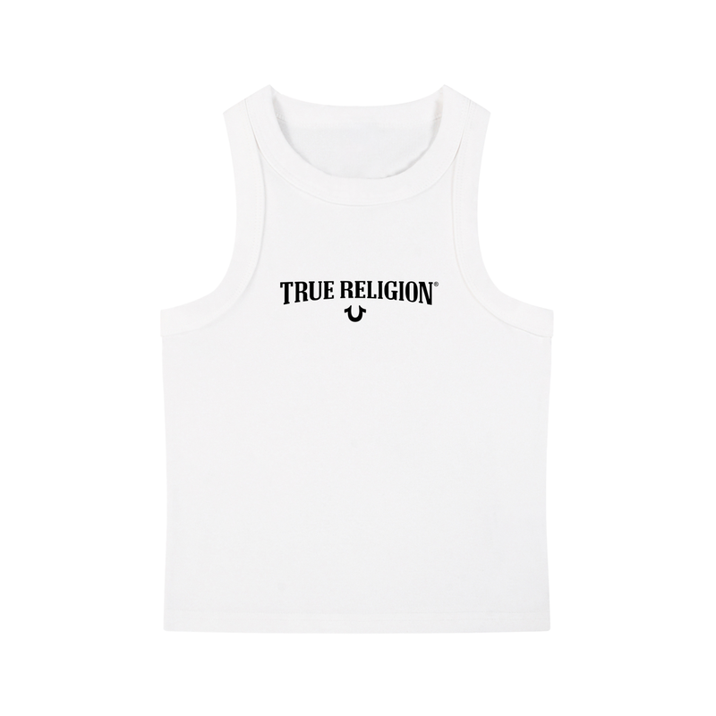 A white sleeveless tank top with the words 'TRUE RELIGION' and a small crescent moon logo printed in black across the chest, shown on a plain white background.