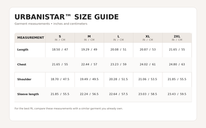 Urbanistar size guide chart with measurements in inches and centimeters for garment sizes S through 2XL, including length, chest, shoulder, and sleeve length.