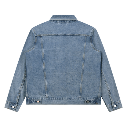 Back-view of vintage washed light denim unisex trucker jacket on white backdrop